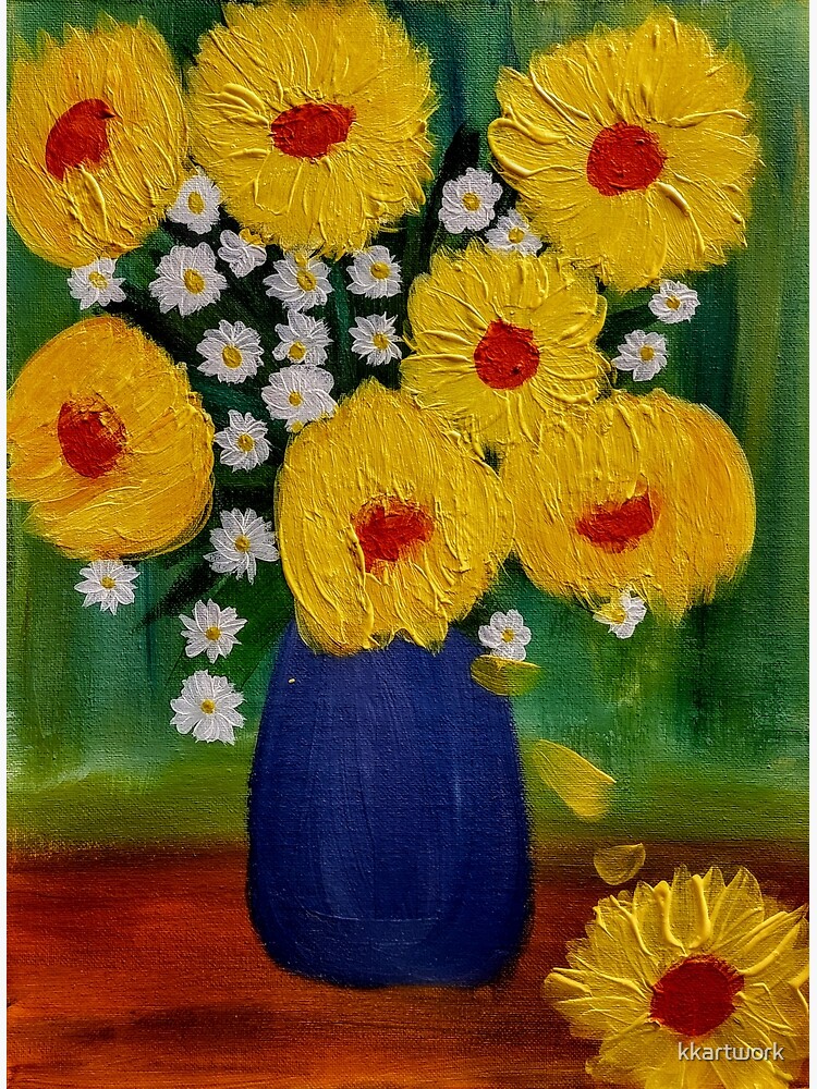 some beautiful sunflowers in a blue vase  by kkartwork