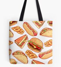 Muster mit Burger, Sandwiches, Tacos, Hot Dogs und Zwiebelringen. Tasche