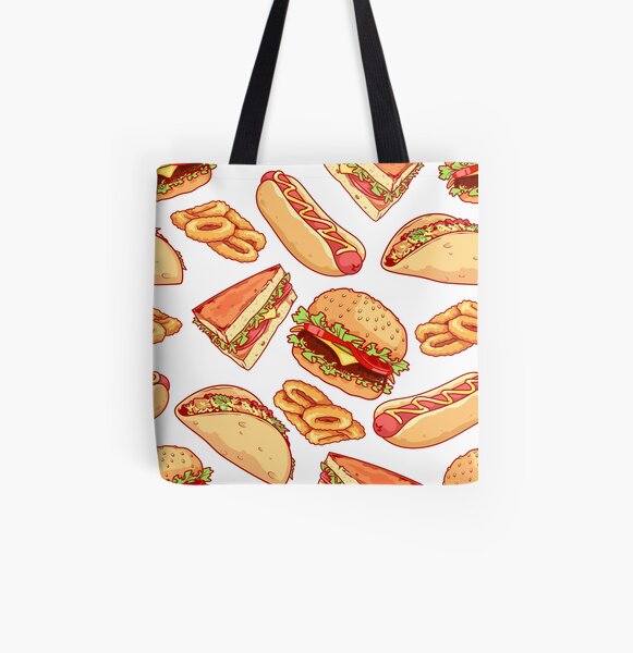 Pattern with burgers, sandwiches, tacos, hot dogs and onion rings. All Over Print Tote Bag