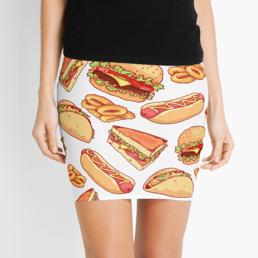 Pattern with burgers, sandwiches, tacos, hot dogs and onion rings. Mini Skirt