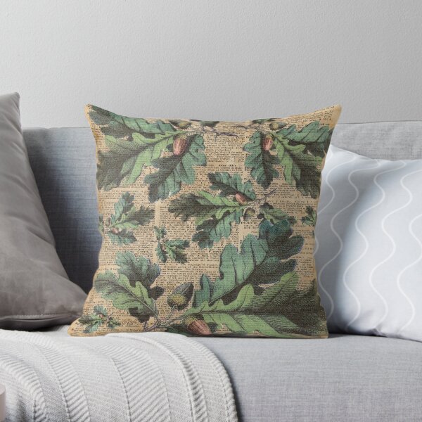 Oak Tree Leaves And Acorns, Autumn Vintage Dictionary Art Throw Pillow