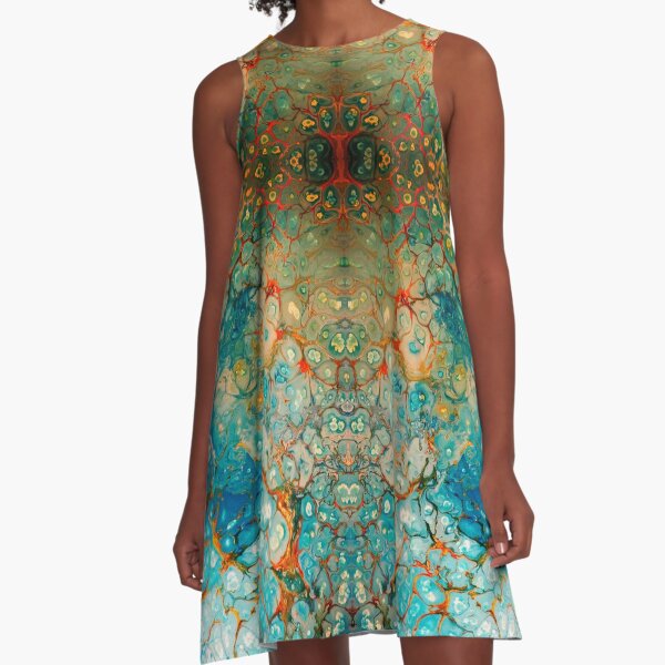 Blue with Gold Lacing A-Line Dress