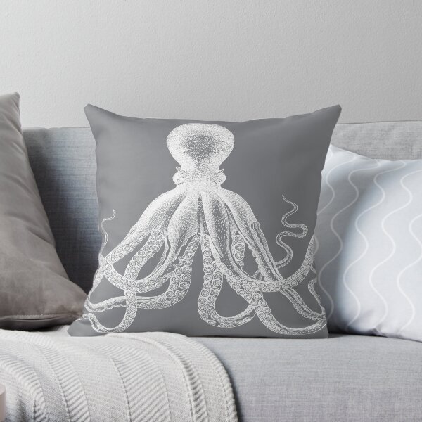 Octopus | Vintage Octopus | Tentacles | Sea Creatures | Nautical | Ocean | Sea | Beach | Grey and White | Throw Pillow