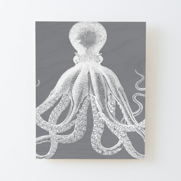 Octopus | Vintage Octopus | Tentacles | Sea Creatures | Nautical | Ocean | Sea | Beach | Grey and White | Wood Mounted Print