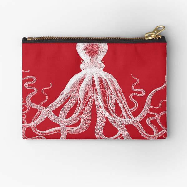 Octopus | Vintage Octopus | Tentacles | Sea Creatures | Nautical | Ocean | Sea | Beach | Red and White | Zipper Pouch