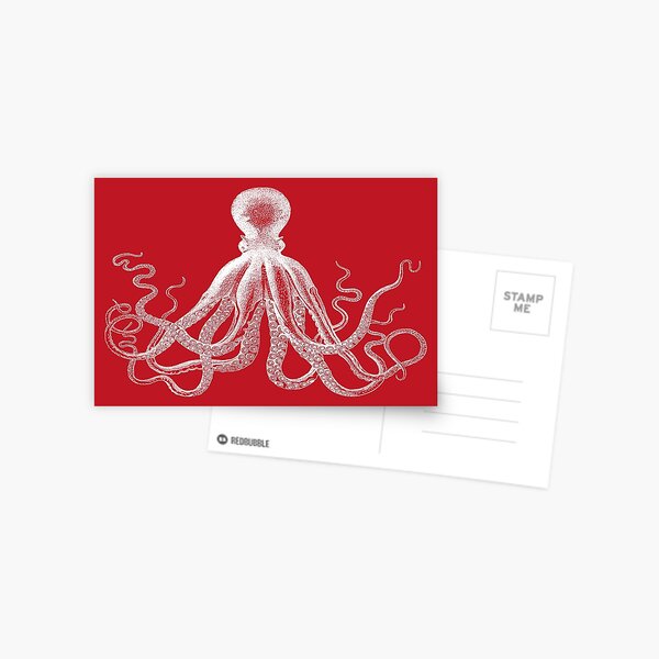 Octopus | Vintage Octopus | Tentacles | Sea Creatures | Nautical | Ocean | Sea | Beach | Red and White | Postcard
