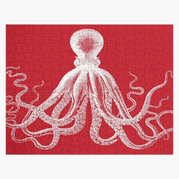 Octopus | Vintage Octopus | Tentacles | Sea Creatures | Nautical | Ocean | Sea | Beach | Red and White |  Jigsaw Puzzle