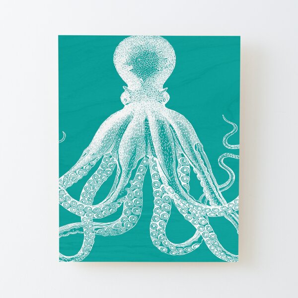 Octopus | Vintage Octopus | Tentacles | Sea Creatures | Nautical | Ocean | Sea | Beach | Teal and White | Wood Mounted Print