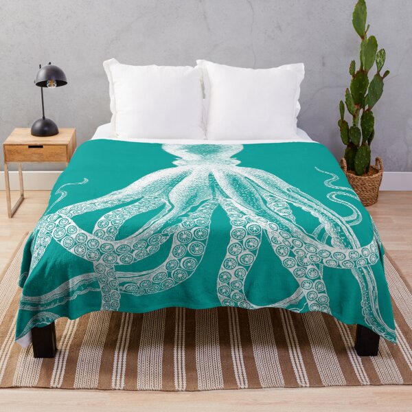 Octopus | Vintage Octopus | Tentacles | Sea Creatures | Nautical | Ocean | Sea | Beach | Teal and White | Throw Blanket