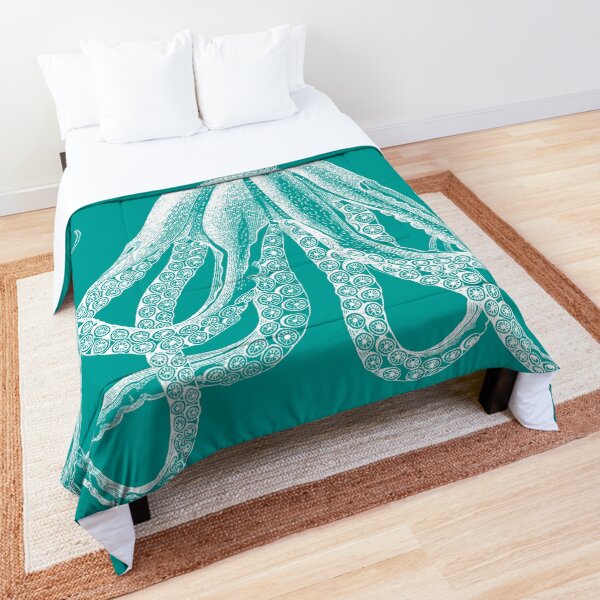 Octopus | Vintage Octopus | Tentacles | Sea Creatures | Nautical | Ocean | Sea | Beach | Teal and White | Comforter