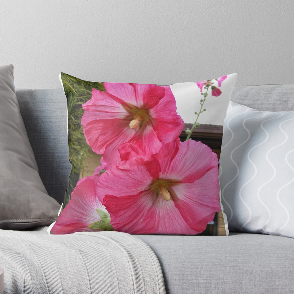 PINK HOLLYHOCK FLOWER BLOSSOMS Throw Pillow