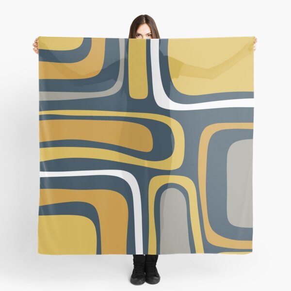 Aperçu de l'œuvre Motif abstrait moderne du milieu du siècle de Palm Springs en moutarde claire et foncée, gris et blanc sur bleu marine créée et vendue par kierkegaard.