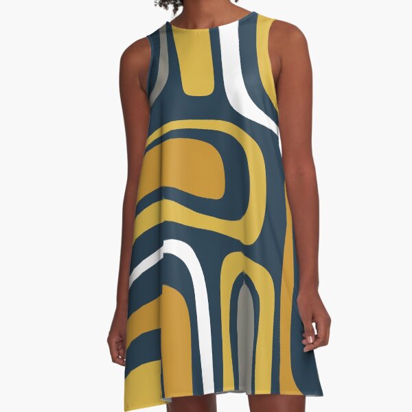 Item preview, Palm Springs Mid-Century Modern Abstract Pattern in Light and Dark Mustard, Gray, and White on Navy Blue designed and sold by kierkegaard.