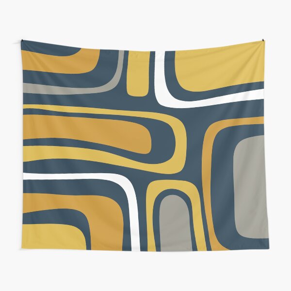 Aperçu de l'œuvre Motif abstrait moderne du milieu du siècle de Palm Springs en moutarde claire et foncée, gris et blanc sur bleu marine créée et vendue par kierkegaard.