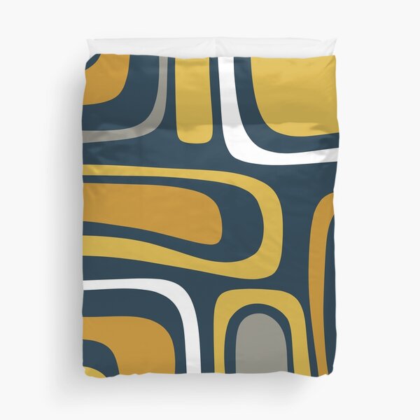 Palm Springs Mid-Century Modern Abstract Pattern in Light and Dark Mustard, Gray, and White on Navy Blue Duvet Cover