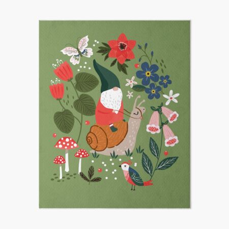 Whimsical garden gnome riding snail Art Board Print