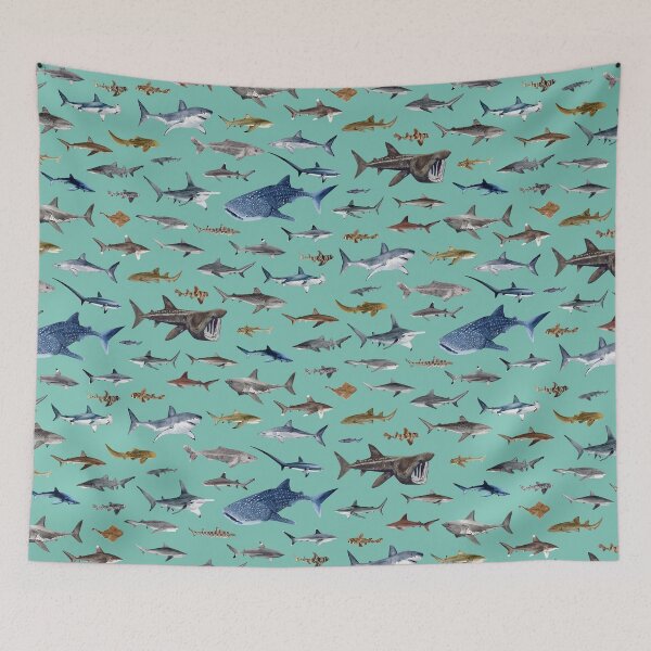 Item preview, SHARKS poster-turquoise designed and sold by BEATRIZ ABAITUA.