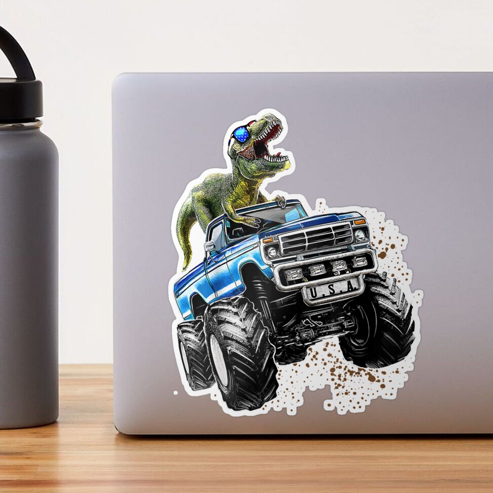 Black White Checkered T-Rex Monster Truck Water Bottle