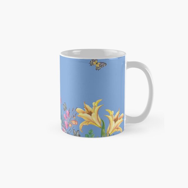 Lilies Roses Calla Orchid Iris And Butterflies On Blue 2 Classic Mug