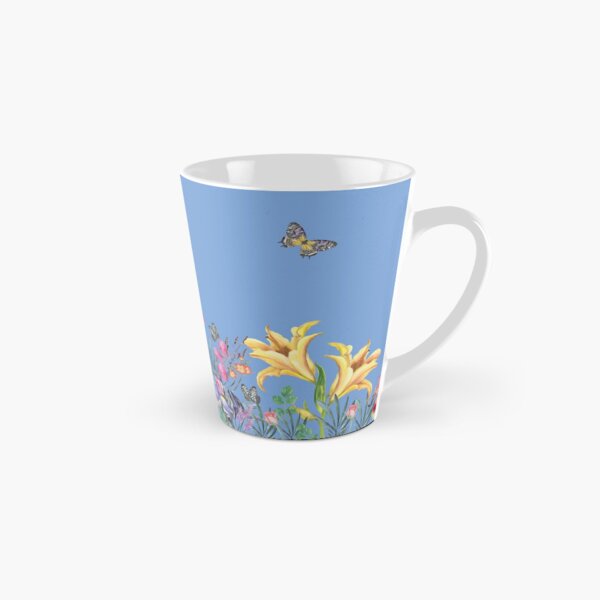 Lilies Roses Calla Orchid Iris And Butterflies On Blue 2 Tall Mug