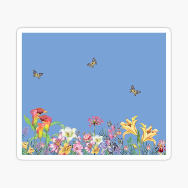 Lilies Roses Calla Orchid Iris And Butterflies On Blue 2 Sticker