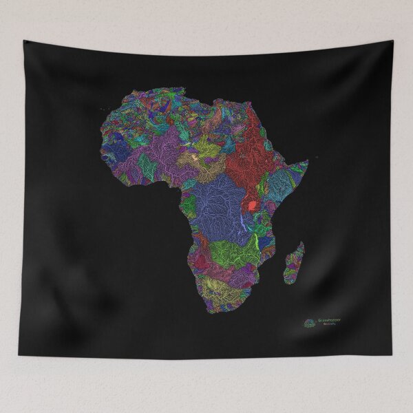 Item preview, Africa River Basin Map in Rainbow Colours with Black Background designed and sold by GrasshopperGeo.