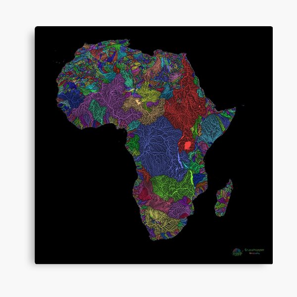 Item preview, Africa River Basin Map in Rainbow Colours with Black Background designed and sold by GrasshopperGeo.