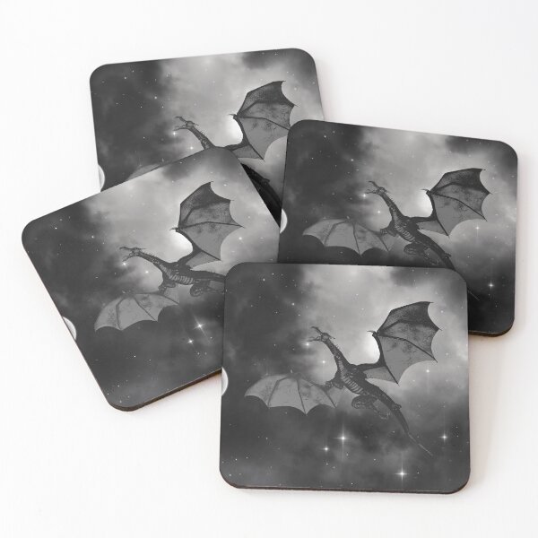 Item preview, Mythical dragon flying through space at night abstract art - monochrome black and white designed and sold by hasbeenz.