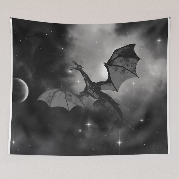 Item preview, Mythical dragon flying through space at night abstract art - monochrome black and white designed and sold by hasbeenz.
