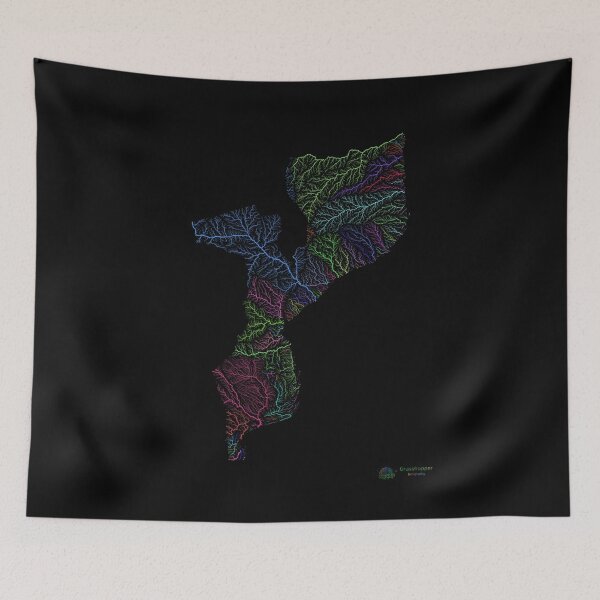 Item preview, Mozambique River Basin Map in Rainbow Colours with Black Background designed and sold by GrasshopperGeo.