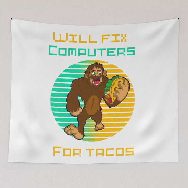 Item preview, Will fix computers for tacos retro sunset Bigfoot- funny tech support humor  designed and sold by Designs Of all kinds.