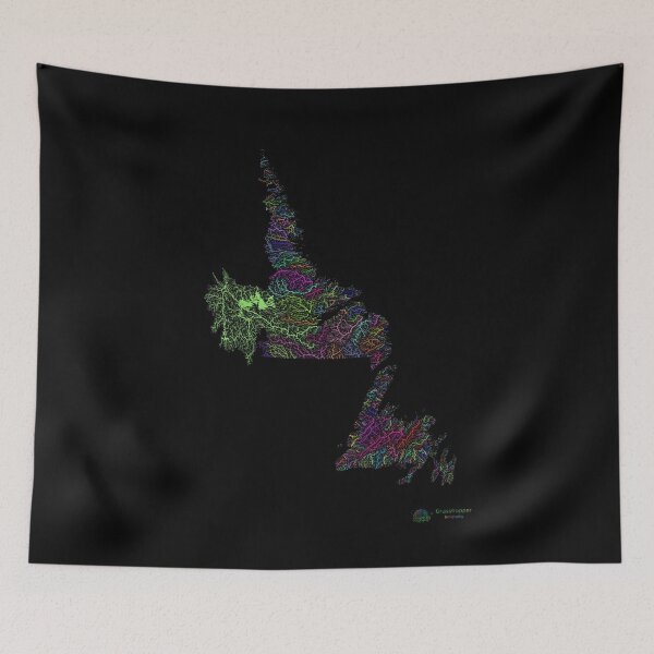 Item preview, Newfoundland and Labrador River Basin Map in Rainbow Colours with Black Background designed and sold by GrasshopperGeo.