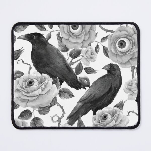 Aperçu de l'œuvre Edgar Allen Poe Nevermore aquarelle corbeaux noir et blanc avec roses et globes oculaires créée et vendue par Pink Pineapple Works.