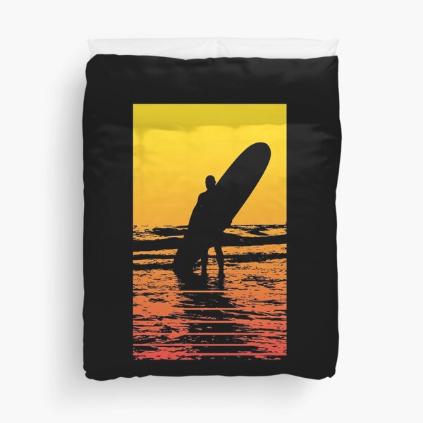 Surfer Silhouette in Water - Surfboard and surfer in the sun Duvet Cover