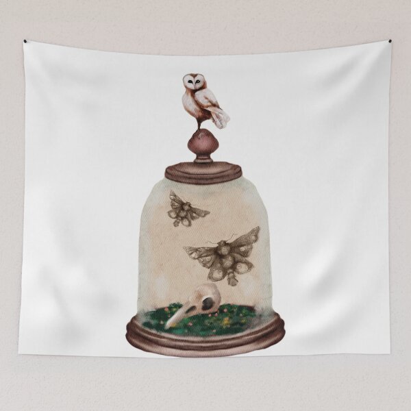Item preview, Watercolor Barn Owl Hummingbird Skull and Death Moth Dark Academia Cloche With Raven Botanical Green Moss Halloween Watercolor designed and sold by Monica Laipple.