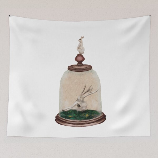 Item preview, Watercolor White Rabbit and Deer Skull Dark Academia Cloche With Raven Botanical Green Moss Halloween Watercolor designed and sold by Monica Laipple.