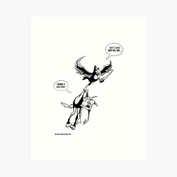 Crazy unicorn cat and lucky crow flying - cartoon comic characters Art Print