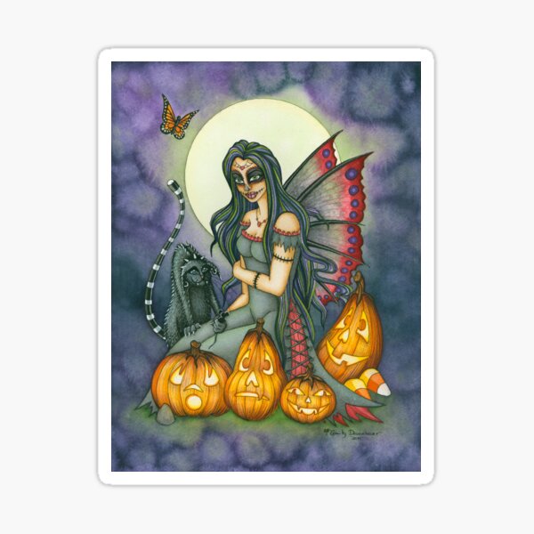 Halloween Sugar Skull Fairy with Black Cat, Fright Night Sticker