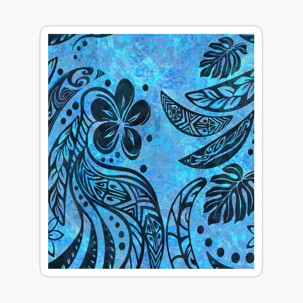 Painted Ocean Blue Abstract Hawaiian - Samoan With Tribal Black Overlay