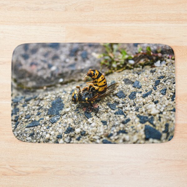 Item preview, A Bright Yellow and Black dead European wasp being eaten by ants on a sandy concrete ground designed and sold by James-Cole.