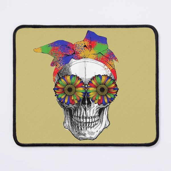 Item preview, Rainbow Sunflower Eyes Mom Skull With Rainbow Head Scarf - Gold Stripe Background designed and sold by Trinket-Trickster.