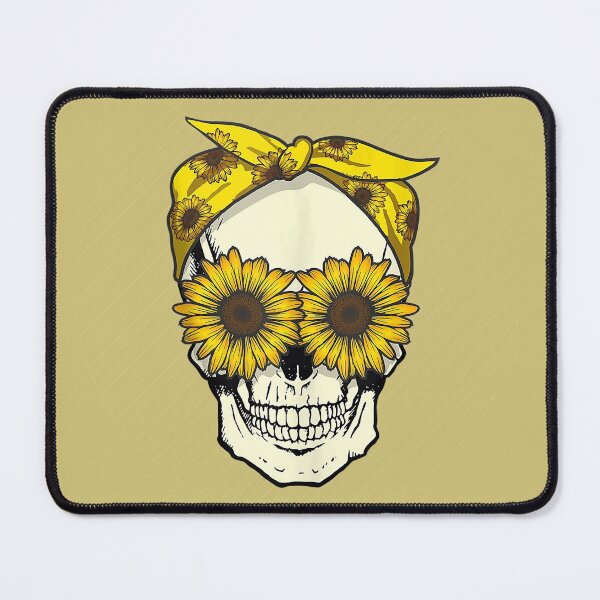 Item preview, Sunflower Eyes Mom Skull With Yellow Sunflower Head Scarf - Gold Stripe Background designed and sold by Trinket-Trickster.