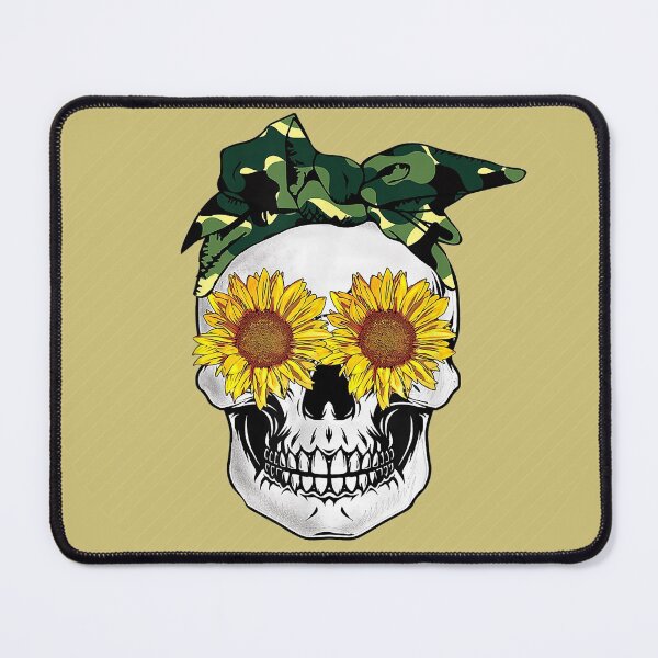 Item preview, Sunflower Eyes Mom Skull With Camo Head Scarf - Gold Stripe Background designed and sold by Trinket-Trickster.