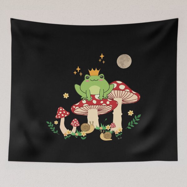 Item preview, Kawaii Cottagecore Aesthetics Prince Frog on a Mushroom, with stars and the Moon. designed and sold by Karo Art.