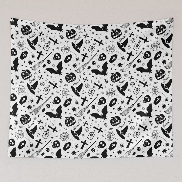 Item preview, Halloween print with skulls, pumpkins ,crosses, coffins, etc designed and sold by Dustick.