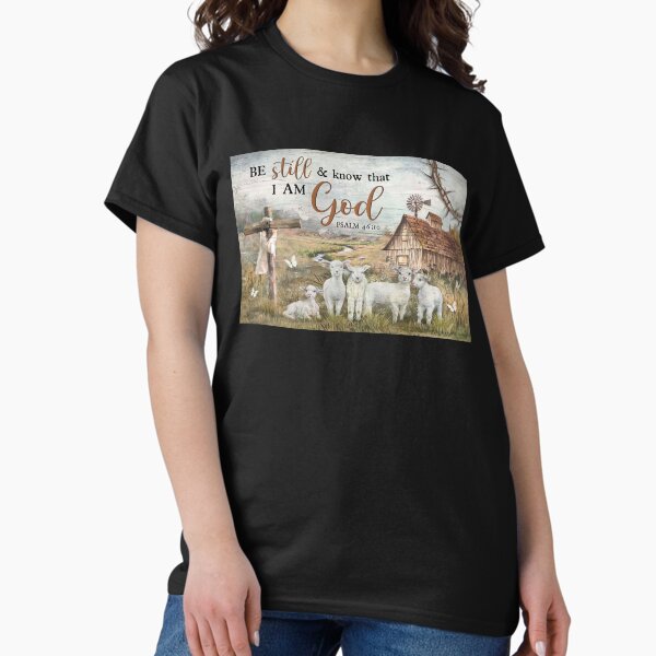 Vista previa del artículo con la obra «Quédense quietos y sepan que yo soy Dios Salmo 46:10 - Granero Farm God Poster Gift - God Sheep», diseñado y vendido por MagicatcoArt.