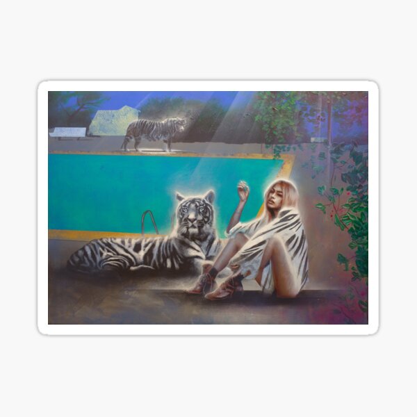 Untitled ( White Tiger and a Girl with White Tiger fur blanket ) Sticker