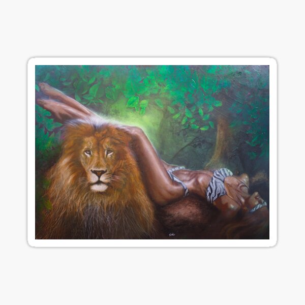 Untitled (Woman with Tiger fur lingerie with a Lion) Sticker