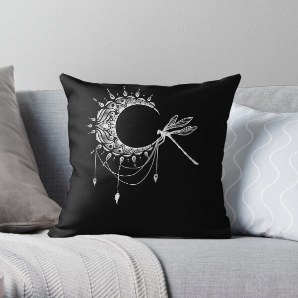 Intricate Half Crescent Moon with Dragonfly Tattoo Design Throw Pillow