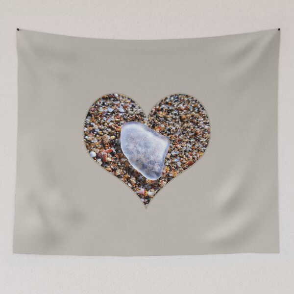 Item preview, White Beach Glass Piece in Heart Shape Tiny Seashells Background designed and sold by Beachy.